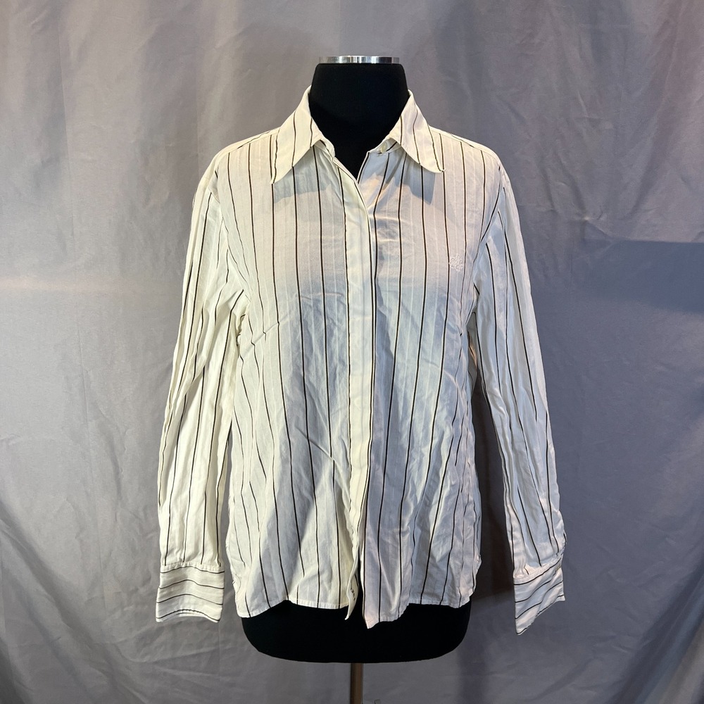 Lauren Ralph Lauren Button Up Shirt Womens 10 Beige Black Vertical Pinstripes